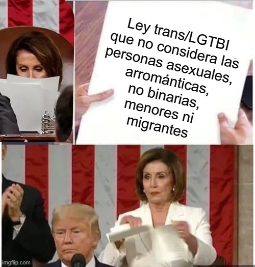 "Ley trans" | Ley trans/LGTBI
que no considera las
personas asexuales, 
arrománticas,
no binarias,
menores ni 
migrantes | image tagged in nancy pelosi rips paper,trans | made w/ Imgflip meme maker
