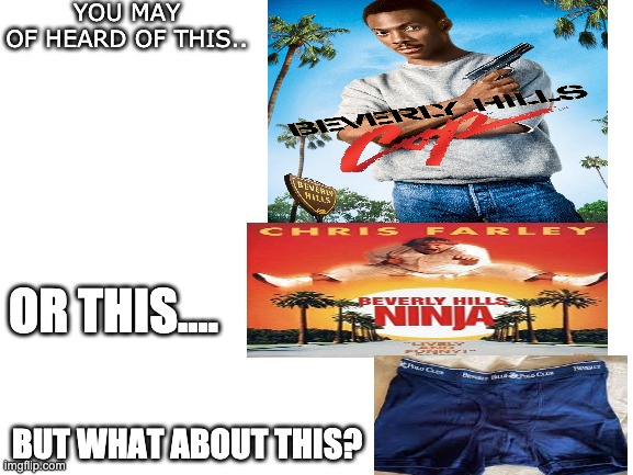 Wow.... Beverley hills | YOU MAY OF HEARD OF THIS.. OR THIS.... BUT WHAT ABOUT THIS? | image tagged in blank white template,beverly hills cop,beverley hills ninja,beverly hills underwear | made w/ Imgflip meme maker