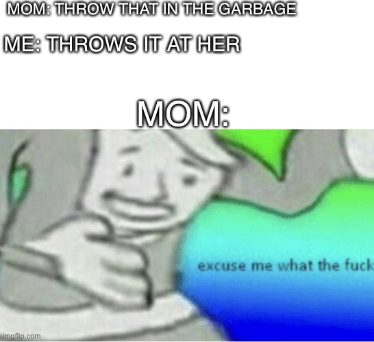 sheeeeeeesh | MOM: THROW THAT IN THE GARBAGE; ME: THROWS IT AT HER; MOM: | image tagged in excuse me wtf blank template,memes,funny,oof,yo madda | made w/ Imgflip meme maker
