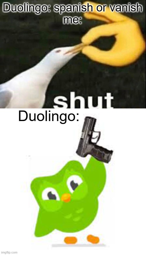 SPANISH OR VANISH | Duolingo: spanish or vanish
me:; Duolingo: | image tagged in shut,duolingo gun,help me | made w/ Imgflip meme maker