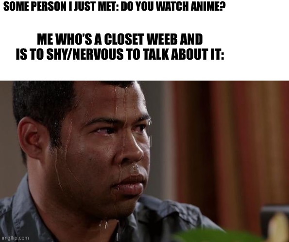 sweating bullets | SOME PERSON I JUST MET: DO YOU WATCH ANIME? ME WHO’S A CLOSET WEEB AND IS TO SHY/NERVOUS TO TALK ABOUT IT: | image tagged in sweating bullets | made w/ Imgflip meme maker