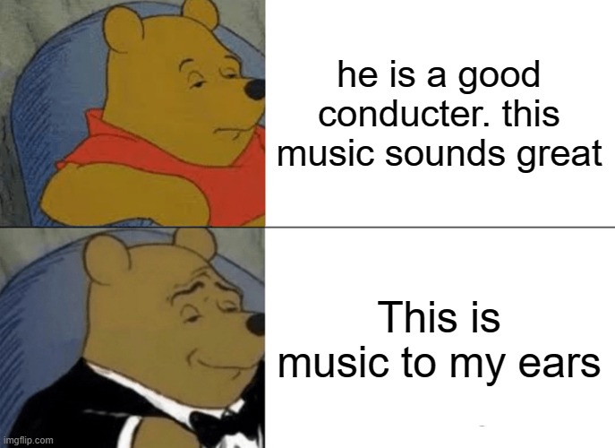Tuxedo Winnie The Pooh Meme | he is a good conducter. this music sounds great; This is music to my ears | image tagged in memes,tuxedo winnie the pooh | made w/ Imgflip meme maker