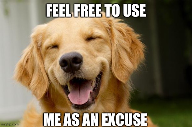 Happy Dog | FEEL FREE TO USE ME AS AN EXCUSE | image tagged in happy dog | made w/ Imgflip meme maker