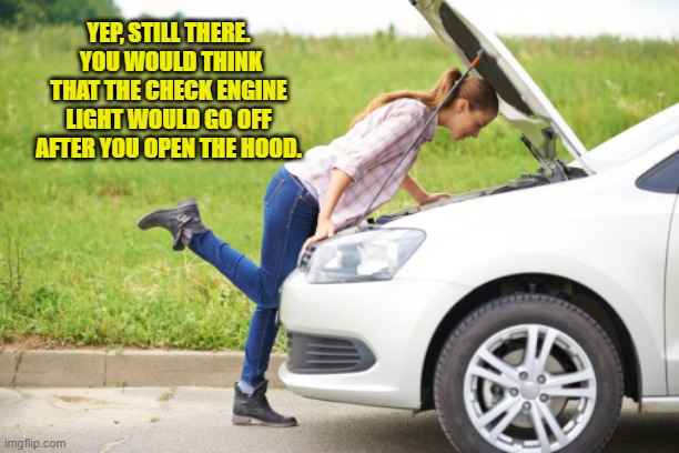 Check Engine | YEP, STILL THERE.  YOU WOULD THINK THAT THE CHECK ENGINE LIGHT WOULD GO OFF AFTER YOU OPEN THE HOOD. | image tagged in mega karen,check engine,dumb blonde | made w/ Imgflip meme maker