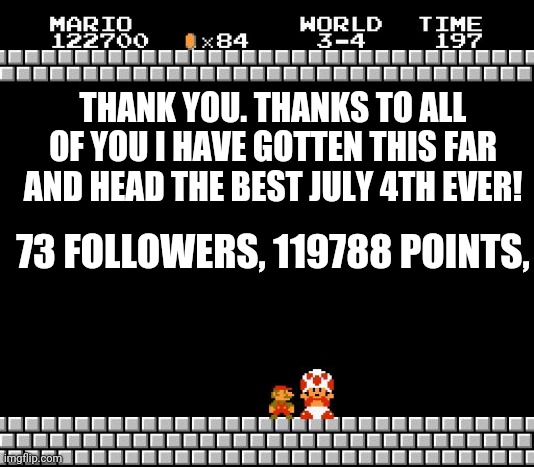 680 featured images. Thank you everyone, special thanks to pixULmiX, and D[redacted] and G[redacted] | THANK YOU. THANKS TO ALL OF YOU I HAVE GOTTEN THIS FAR AND HEAD THE BEST JULY 4TH EVER! 73 FOLLOWERS, 119788 POINTS, | image tagged in thank you mario,special,thanks,homies | made w/ Imgflip meme maker