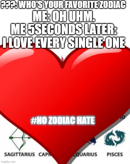 ???: WHO'S YOUR FAVORITE ZODIAC; ME: OH UHM. ME 5SECONDS LATER: I LOVE EVERY SINGLE ONE; #NO ZODIAC HATE | image tagged in zodiac signs | made w/ Imgflip meme maker