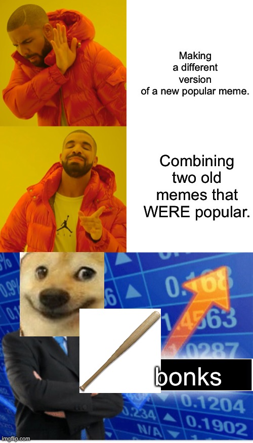 Long live the doge. | Making a different version of a new popular meme. Combining two old memes that WERE popular. bonks | image tagged in memes,drake hotline bling,stoinks | made w/ Imgflip meme maker