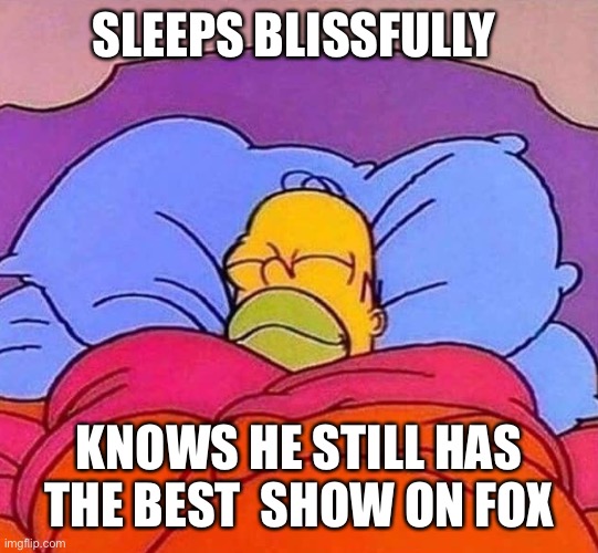 Homer Simpson sleeping peacefully | SLEEPS BLISSFULLY; KNOWS HE STILL HAS THE BEST  SHOW ON FOX | image tagged in homer simpson sleeping peacefully | made w/ Imgflip meme maker