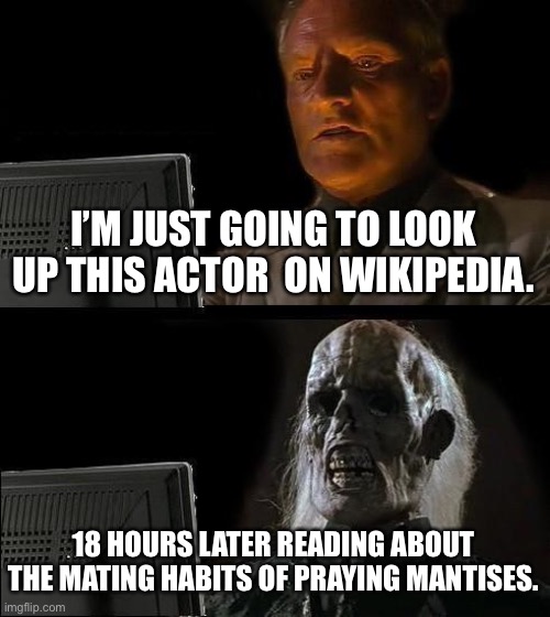 I'll Just Wait Here Meme | I’M JUST GOING TO LOOK UP THIS ACTOR  ON WIKIPEDIA. 18 HOURS LATER READING ABOUT THE MATING HABITS OF PRAYING MANTISES. | image tagged in memes,i'll just wait here,wikipedia | made w/ Imgflip meme maker