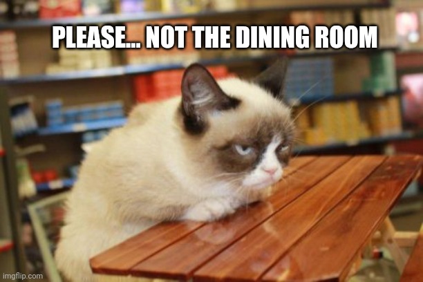 Grumpy Cat Table Meme | PLEASE... NOT THE DINING ROOM | image tagged in memes,grumpy cat table,grumpy cat | made w/ Imgflip meme maker