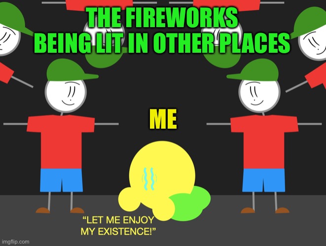 Let me enjoy my existence | THE FIREWORKS BEING LIT IN OTHER PLACES; ME | image tagged in let me enjoy my existence | made w/ Imgflip meme maker