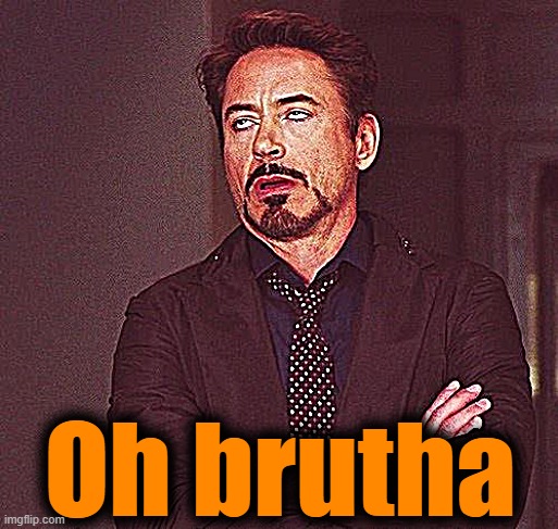 Robert Downey Jr Annoyed | Oh brutha | image tagged in robert downey jr annoyed | made w/ Imgflip meme maker