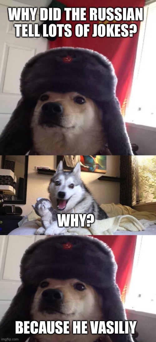 Bad Russian pun doge | WHY DID THE RUSSIAN TELL LOTS OF JOKES? WHY? BECAUSE HE VASILIY | image tagged in russian doge,memes,bad pun dog | made w/ Imgflip meme maker