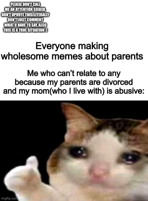 I swear I’m not lying please :( | PLEASE DON’T CALL ME AN ATTENTION SEEKER, DON’T UPVOTE THIS(LITERALLY DON’T)JUST COMMENT WHAT U HAVE TO SAY, ALSO THIS IS A TRUE SITUATION :(; Everyone making wholesome memes about parents; Me who can’t relate to any because my parents are divorced and my mom(who I live with) is abusive: | image tagged in sad cat thumbs up white spacing | made w/ Imgflip meme maker