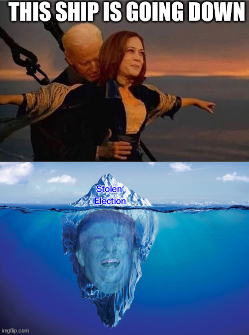 Trouble is on the horizion | THIS SHIP IS GOING DOWN | image tagged in creepy joe biden,stolen election,joe lost | made w/ Imgflip meme maker