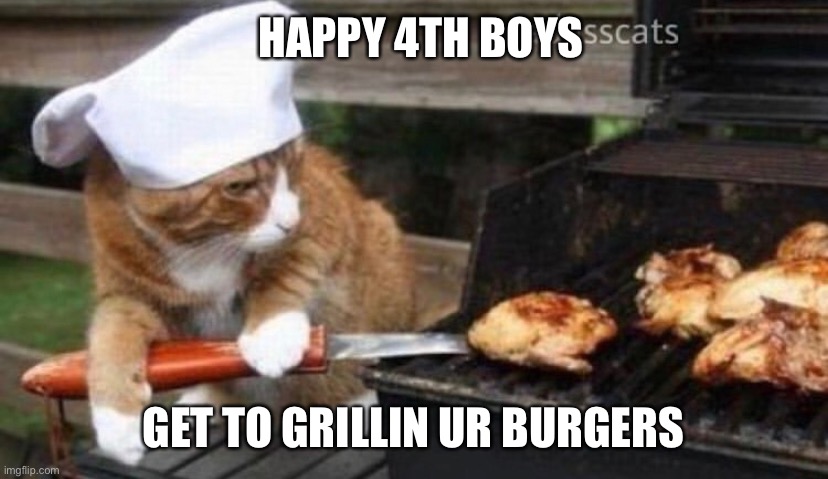 Happy Fourth of July! | HAPPY 4TH BOYS; GET TO GRILLIN UR BURGERS | image tagged in 4th of july,cats | made w/ Imgflip meme maker