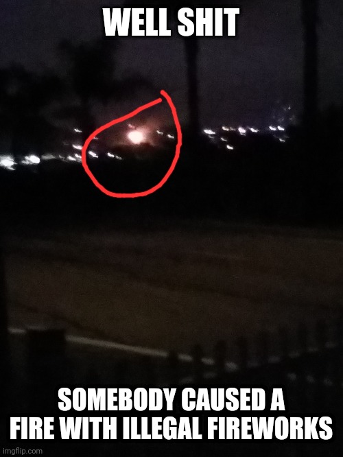 Poor quality picture | WELL SHIT; SOMEBODY CAUSED A FIRE WITH ILLEGAL FIREWORKS | made w/ Imgflip meme maker