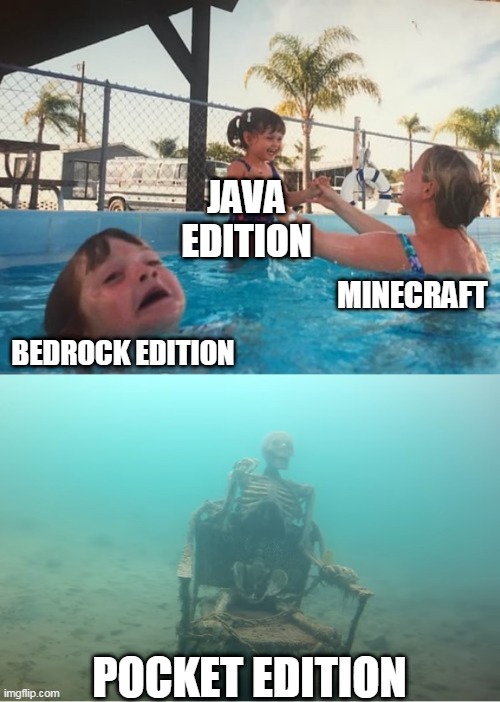 what is this mojang |  JAVA EDITION; MINECRAFT; BEDROCK EDITION; POCKET EDITION | image tagged in swimming pool kids | made w/ Imgflip meme maker