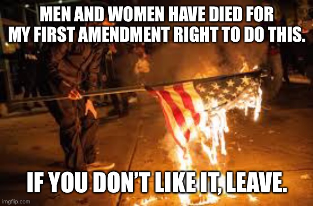 Happy 4th | MEN AND WOMEN HAVE DIED FOR MY FIRST AMENDMENT RIGHT TO DO THIS. IF YOU DON’T LIKE IT, LEAVE. | image tagged in independence day,4th of july,american flag,free speech | made w/ Imgflip meme maker