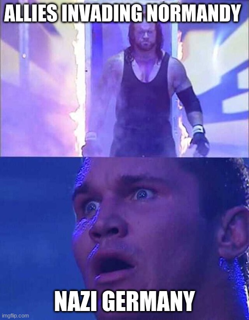 Randy Orton, Undertaker | ALLIES INVADING NORMANDY; NAZI GERMANY | image tagged in randy orton undertaker,ww2,memes,funny | made w/ Imgflip meme maker