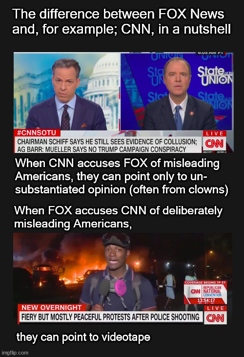 The diff between FOX and CNN | The difference between FOX News 
and, for example; CNN, in a nutshell; When CNN accuses FOX of misleading
Americans, they can point only to un-
substantiated opinion (often from clowns); When FOX accuses CNN of deliberately
misleading Americans, they can point to videotape | image tagged in fox news,cnn,msm | made w/ Imgflip meme maker