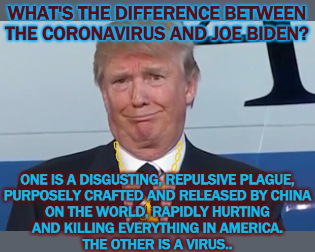 Biden The 1st Unelected Fraudulent President | WHAT'S THE DIFFERENCE BETWEEN
THE CORONAVIRUS AND JOE BIDEN? ONE IS A DISGUSTING, REPULSIVE PLAGUE,

PURPOSELY CRAFTED AND RELEASED BY CHINA

ON THE WORLD, RAPIDLY HURTING
AND KILLING EVERYTHING IN AMERICA.
THE OTHER IS A VIRUS.. | image tagged in donald trump,fraud,voter fraud,election fraud,trump won,biden sucks | made w/ Imgflip meme maker