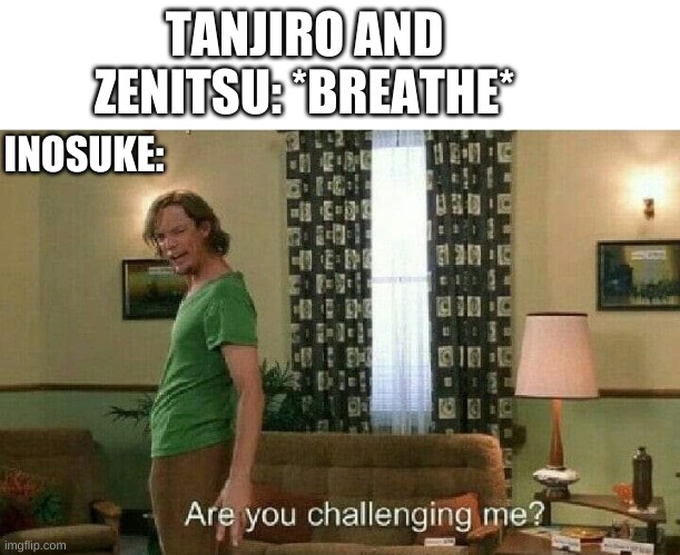 Are you challenging me? | TANJIRO AND ZENITSU: *BREATHE*; INOSUKE: | image tagged in are you challenging me | made w/ Imgflip meme maker