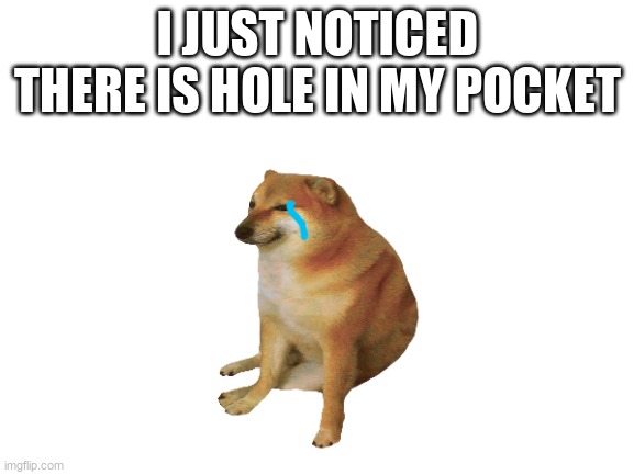 ;-; | I JUST NOTICED THERE IS HOLE IN MY POCKET | image tagged in blank white template | made w/ Imgflip meme maker