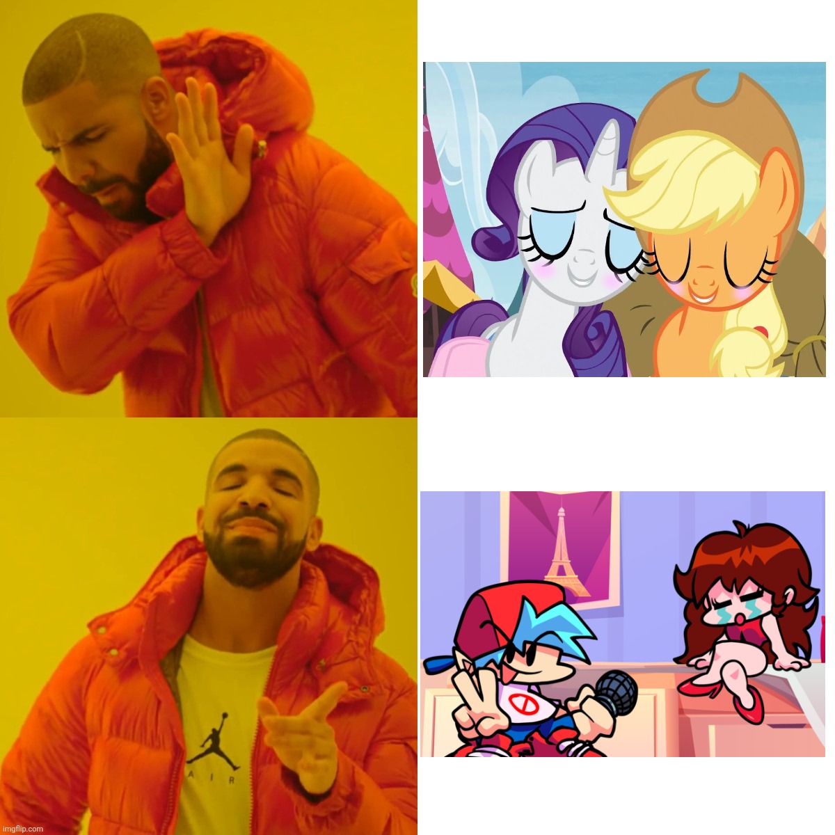 Tired of MLP and Bronies? Just Play Friday Night Funkin instead. | image tagged in memes,drake hotline bling,friday night funkin,my little pony,funny,stop reading the tags | made w/ Imgflip meme maker