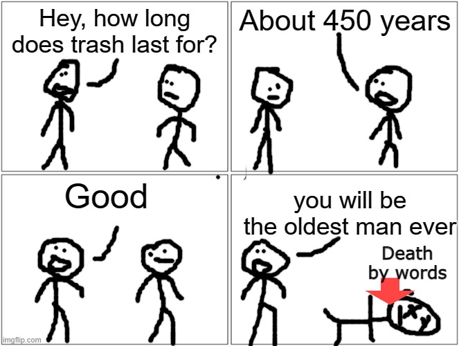 Blank Comic Panel 2x2 | Hey, how long does trash last for? About 450 years; Good; you will be the oldest man ever; Death by words | image tagged in memes,blank comic panel 2x2 | made w/ Imgflip meme maker