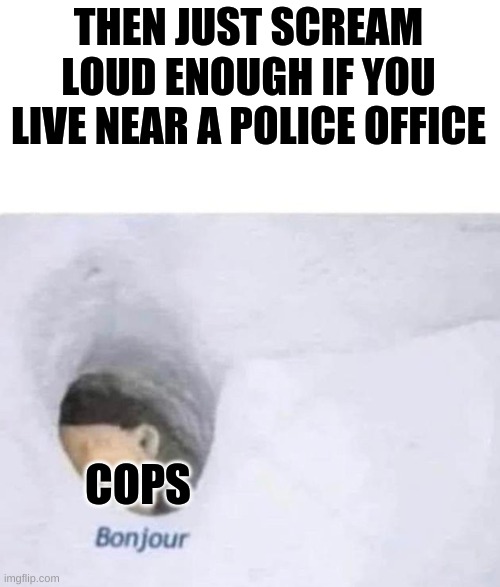 Bonjour | THEN JUST SCREAM LOUD ENOUGH IF YOU LIVE NEAR A POLICE OFFICE COPS | image tagged in bonjour | made w/ Imgflip meme maker