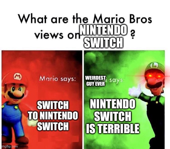 Mario Bros Views | NINTENDO SWITCH; WEIRDEST GUY EVER; SWITCH TO NINTENDO SWITCH; NINTENDO SWITCH IS TERRIBLE | image tagged in mario bros views | made w/ Imgflip meme maker