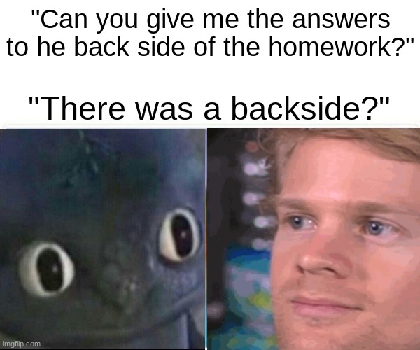 Wait, theres a back side? | "Can you give me the answers to he back side of the homework?"; "There was a backside?" | image tagged in white guy blinking,toothless meme face,memes,fun | made w/ Imgflip meme maker