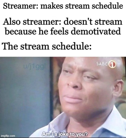 Stream schedules | Streamer: makes stream schedule; Also streamer: doesn't stream because he feels demotivated; The stream schedule: | image tagged in am i a joke to you,memes | made w/ Imgflip meme maker