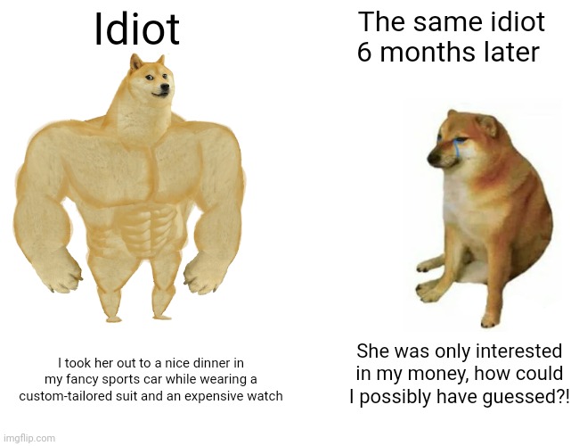Buff Doge vs. Cheems | Idiot; The same idiot 6 months later; She was only interested in my money, how could I possibly have guessed?! I took her out to a nice dinner in my fancy sports car while wearing a custom-tailored suit and an expensive watch | image tagged in memes,buff doge vs cheems,dating,men and women | made w/ Imgflip meme maker