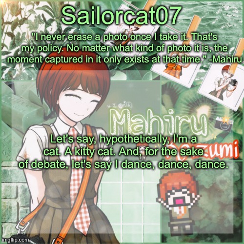 Sailor's Mahiru temp | Let's say, hypothetically, I'm a cat. A kitty cat. And, for the sake of debate, let's say I dance, dance, dance. | image tagged in sailor's mahiru temp | made w/ Imgflip meme maker