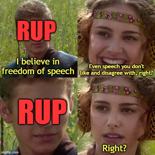 You've become the very thing you swore to destroy | RUP; I believe in freedom of speech; Even speech you don't like and disagree with, right? RUP; Right? | image tagged in anakin padme 4 panel,rmk,censorship | made w/ Imgflip meme maker