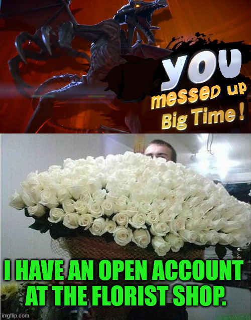 I HAVE AN OPEN ACCOUNT 
AT THE FLORIST SHOP. | image tagged in ridley you messed up big time | made w/ Imgflip meme maker