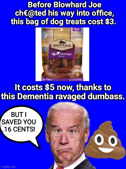 Stick that change up your ass Blowhard Joe | Before Blowhard Joe ch€@ted his way into office, this bag of dog treats cost $3. It costs $5 now, thanks to this Dementia ravaged dumbass. BUT I SAVED YOU .16 CENTS! | image tagged in blue square | made w/ Imgflip meme maker
