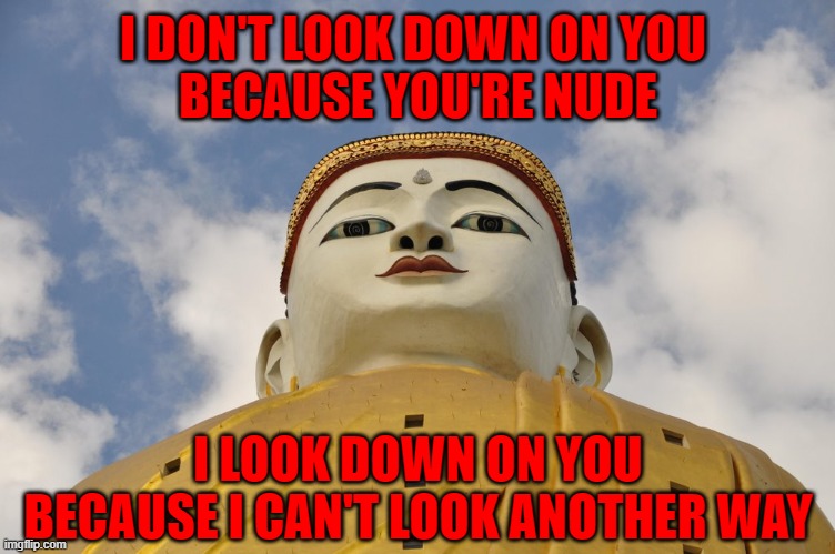 I DON'T LOOK DOWN ON YOU 
BECAUSE YOU'RE NUDE I LOOK DOWN ON YOU BECAUSE I CAN'T LOOK ANOTHER WAY | made w/ Imgflip meme maker