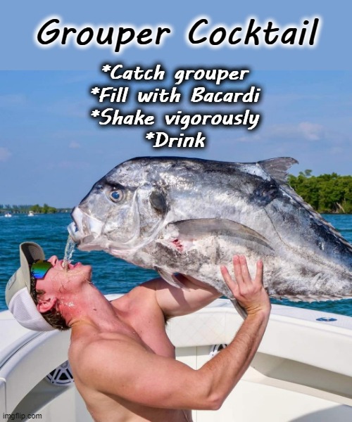 Grouper Cocktail | Grouper Cocktail; *Catch grouper
*Fill with Bacardi
*Shake vigorously
*Drink | image tagged in recipe | made w/ Imgflip meme maker