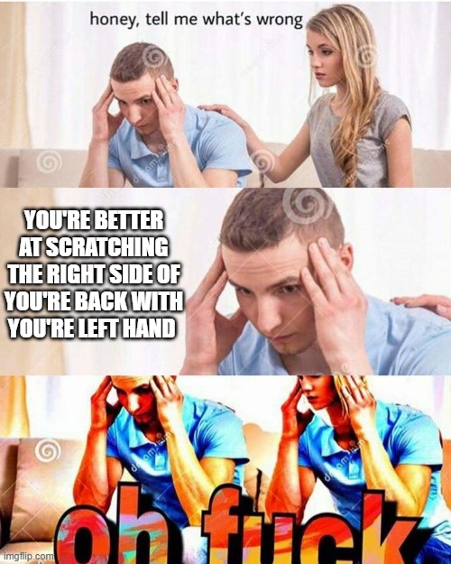 honey, tell me what's wrong | YOU'RE BETTER AT SCRATCHING THE RIGHT SIDE OF YOU'RE BACK WITH YOU'RE LEFT HAND | image tagged in honey tell me what's wrong,funny,memes,so true memes,honey whats wrong,oh wow are you actually reading these tags | made w/ Imgflip meme maker