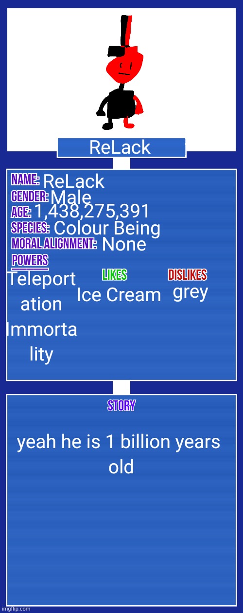 My second OC's profile. Meet ReLack, one of the Colour Beings! | image tagged in original character | made w/ Imgflip meme maker