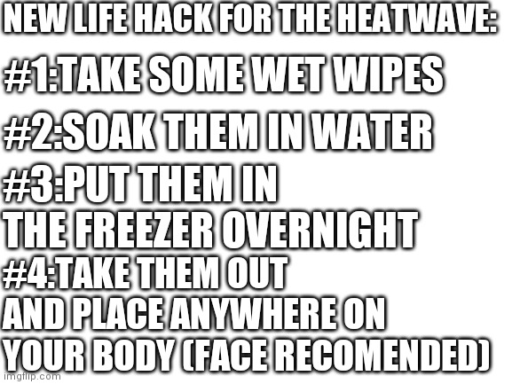 Blank White Template |  NEW LIFE HACK FOR THE HEATWAVE:; #1:TAKE SOME WET WIPES; #2:SOAK THEM IN WATER; #3:PUT THEM IN THE FREEZER OVERNIGHT; #4:TAKE THEM OUT AND PLACE ANYWHERE ON YOUR BODY (FACE RECOMENDED) | image tagged in blank white template,heatwave,life hack | made w/ Imgflip meme maker
