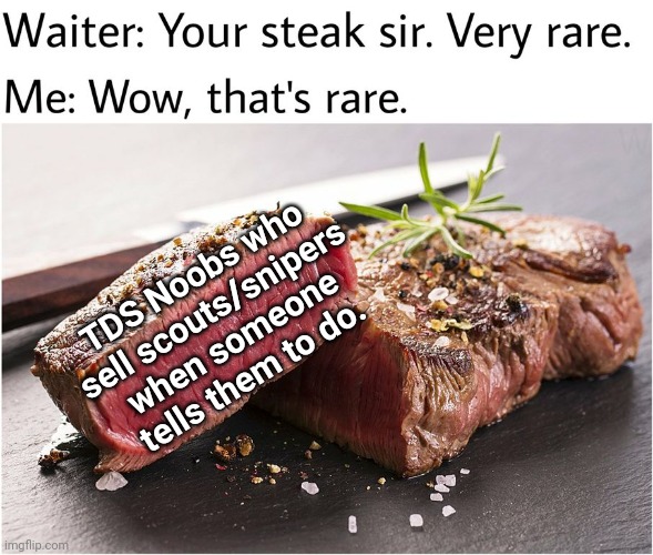 rare steak meme | TDS Noobs who sell scouts/snipers when someone tells them to do. | image tagged in rare steak meme | made w/ Imgflip meme maker