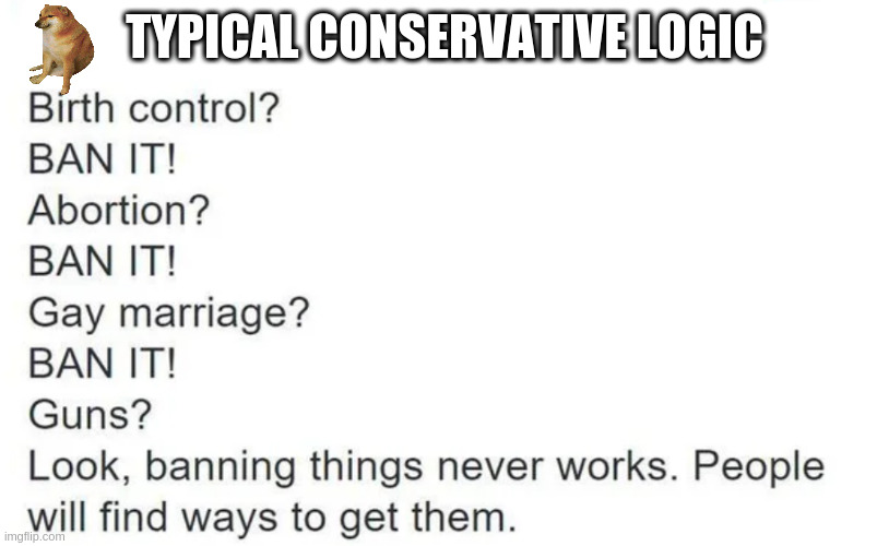 TYPICAL CONSERVATIVE LOGIC | image tagged in ban,irony,hypocrite | made w/ Imgflip meme maker
