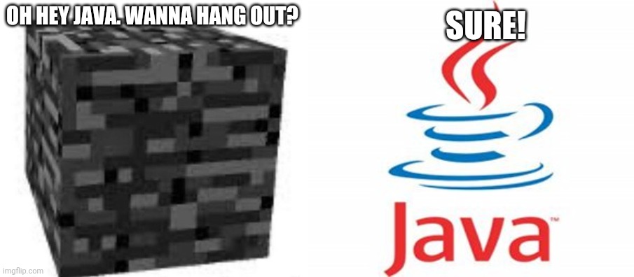 OH HEY JAVA. WANNA HANG OUT? SURE! | image tagged in bedrock,java logo | made w/ Imgflip meme maker