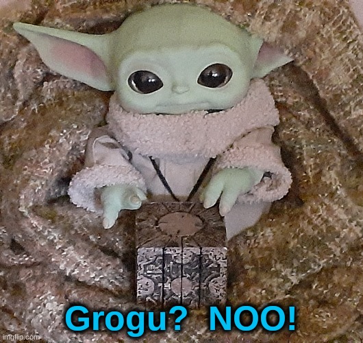 Such sights to show you, We have. | Grogu?  NOO! | image tagged in star wars,hellraiser,the mandalorian,grogu,puzzle box,cenobites | made w/ Imgflip meme maker