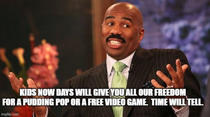 shrug | KIDS NOW DAYS WILL GIVE YOU ALL OUR FREEDOM FOR A PUDDING POP OR A FREE VIDEO GAME.  TIME WILL TELL. | image tagged in shrug | made w/ Imgflip meme maker