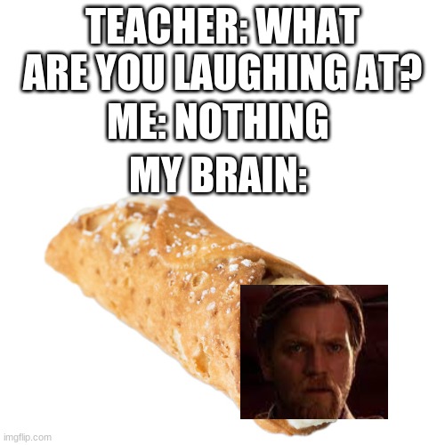 cannoli | TEACHER: WHAT ARE YOU LAUGHING AT? ME: NOTHING; MY BRAIN: | image tagged in stupid | made w/ Imgflip meme maker